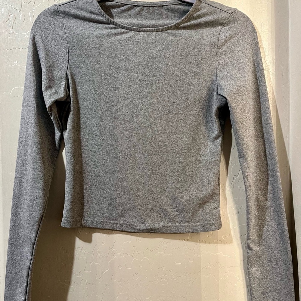 Gray Fitted Crop Long Sleeve Tee